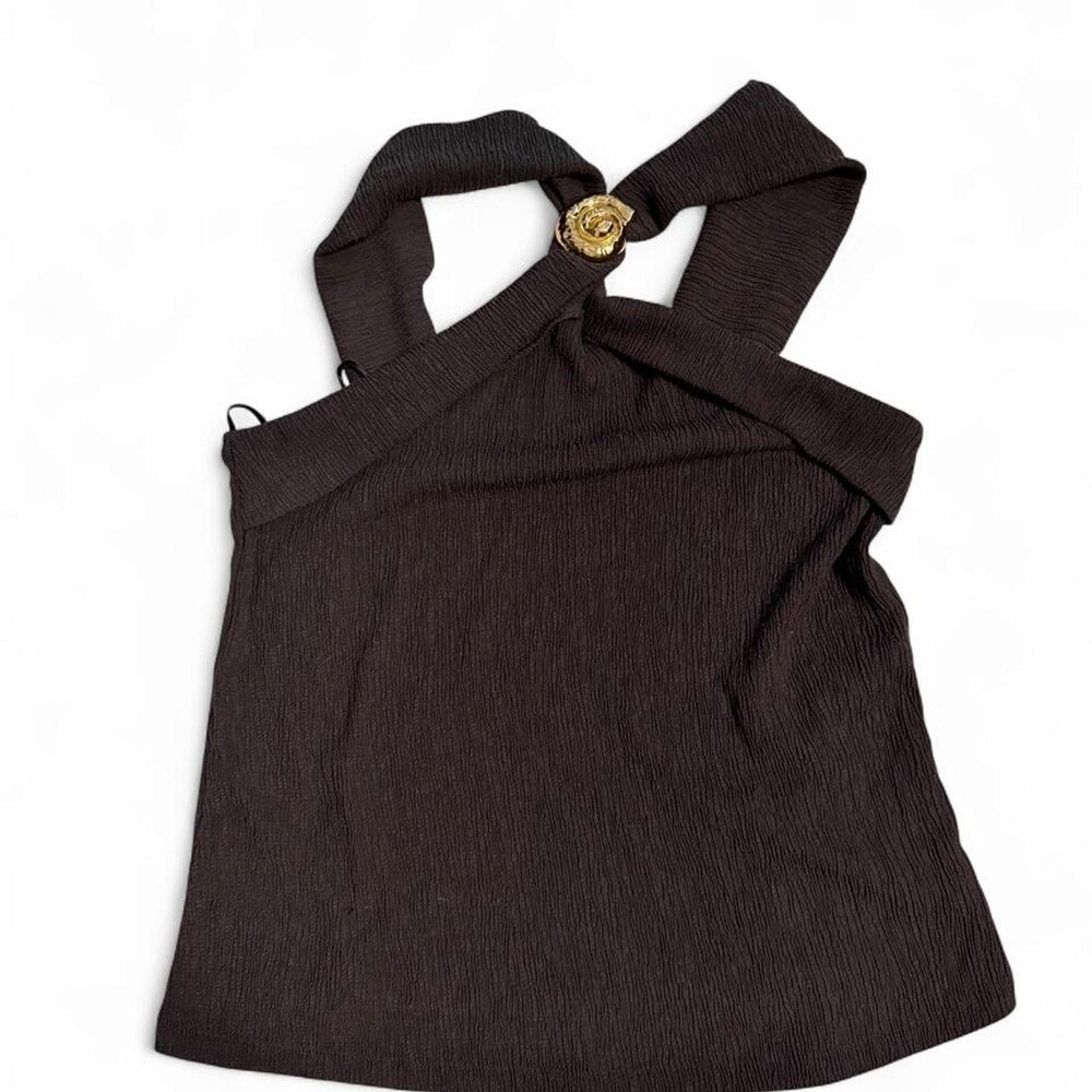 H&M dark grey ribbed halter top with gold shell detail #ribbed